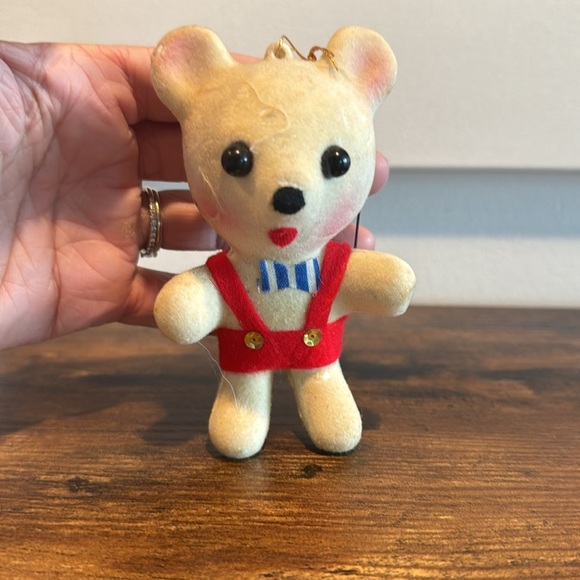VINTAGE CHRISTMAS BEAR WITH OVERALLS AND TIE PLASTIC FLOCKED HANGING ORNAMENT - Picture 5 of 6
